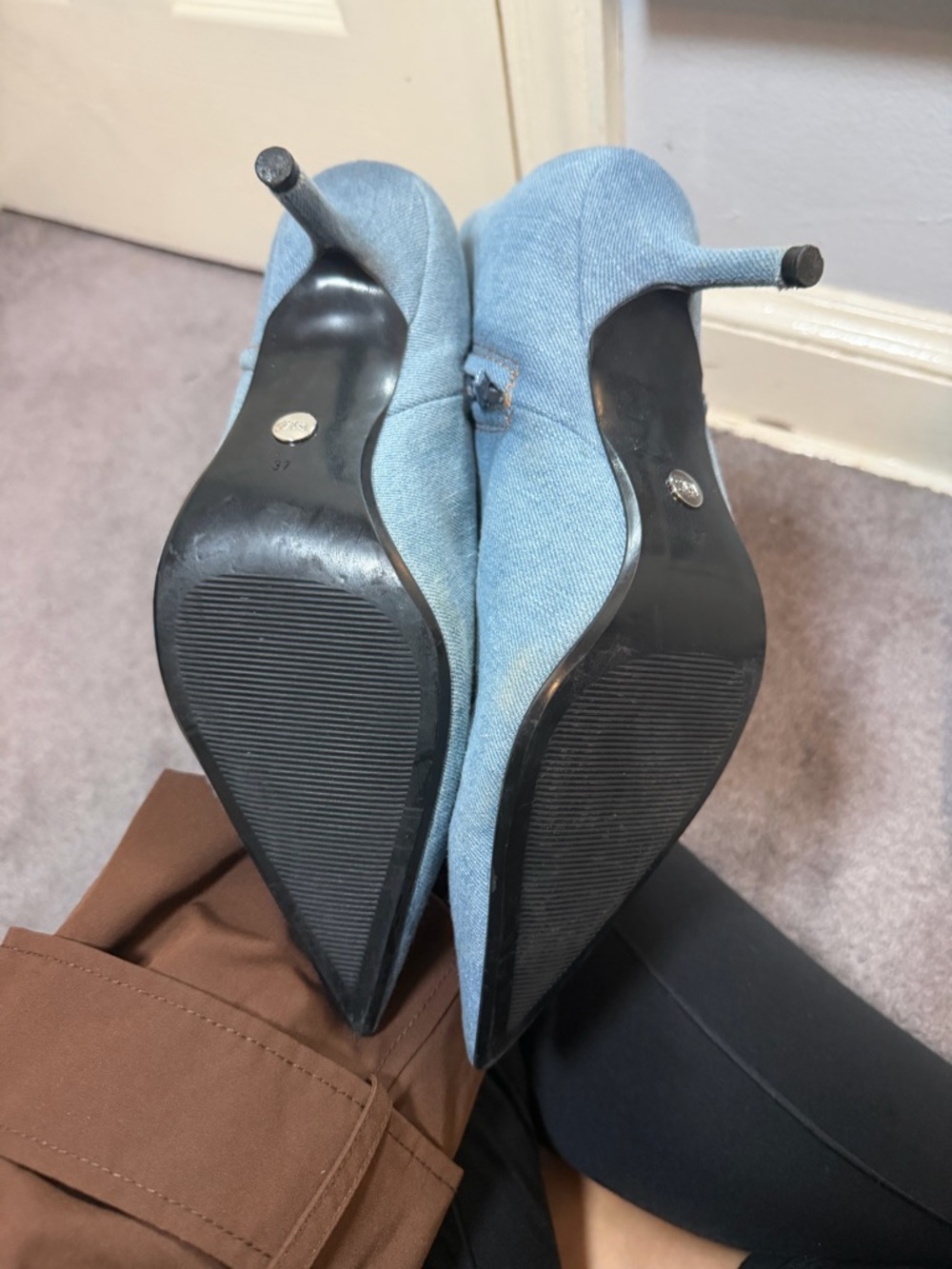 Zara Light Blue Denim Pointed Toe Heeled Boots Ankle